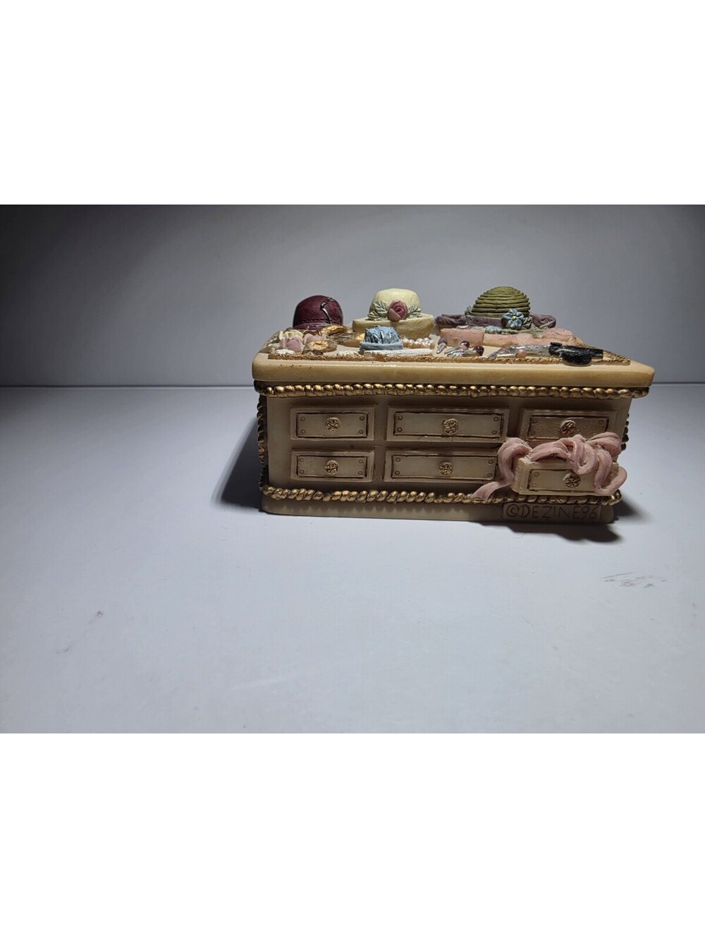 VTG Dezine Trinket Box Hats Ribbons Sewing Hand Painted